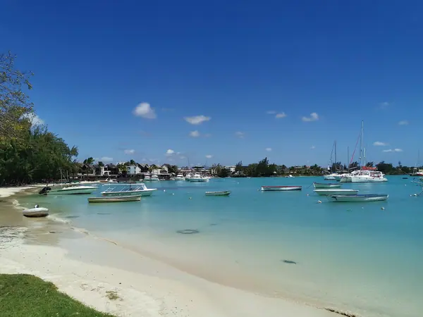 Boats moored in the bay at Grand Baie