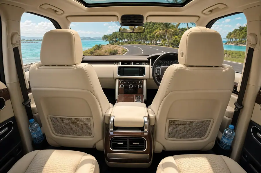 The clean cream leather interior of the car, looking out at a coastal road